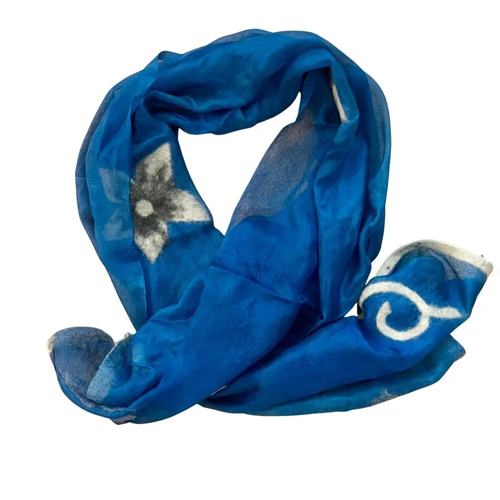NEW Kyrgyz Blue Silk Scarf Shawl w/ Ivory and Black Felted Wool Flowers
